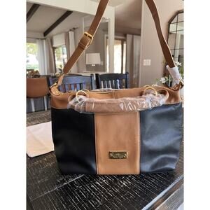 New York & Company Colorblock Shoulder Bag Black Brown Gold Hardware NWT-Style